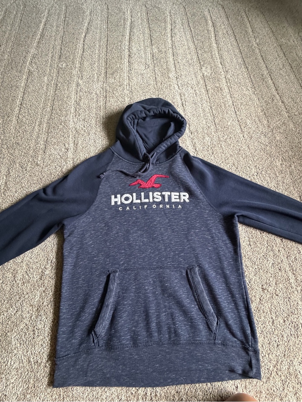 Hollister Men's Navy Hoodie with Red Logo